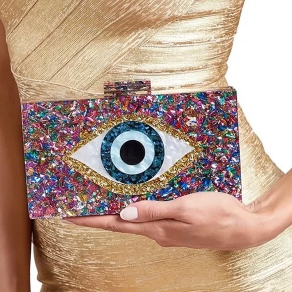Evil Eye Acrylic Confetti Clutch Gold Chain Strap Handbag Multicolor Small - Picture 2 of 11